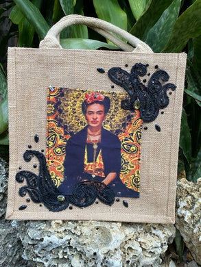 Frida Kahlo Tan Burlap Bag with Black Accents