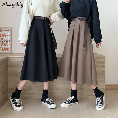 Solid Skirt Mid-calf High Waist With or Without Belt