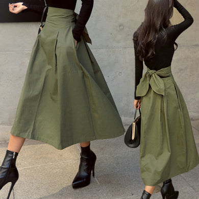 Solid Color Big Swing Ladies High Waist Bow Skirt